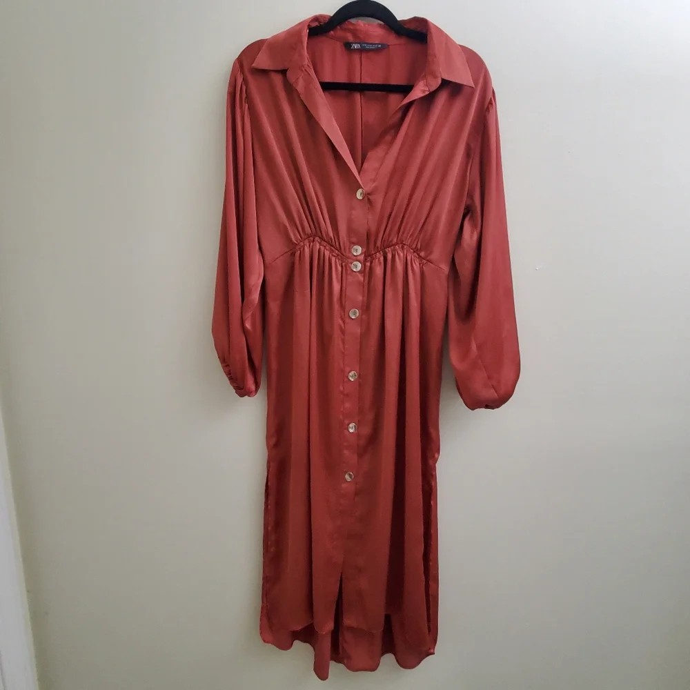 Zara Womens Satin Effect Midi Shirt Dress Marsala Size M - Picture 3 of 8